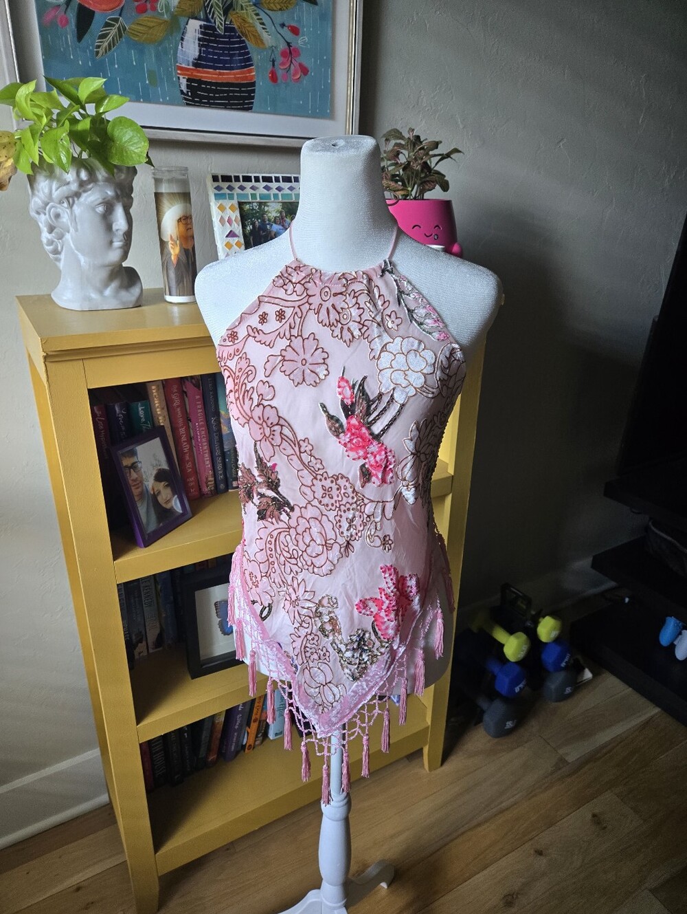 Aris A. pink floral glass beaded backless halter top.